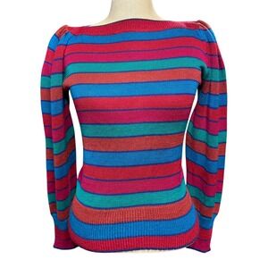 VTG Genesis S Striped Sweater Balloon Sleeve Ms Frizzle Art Teacher Colorful 80s